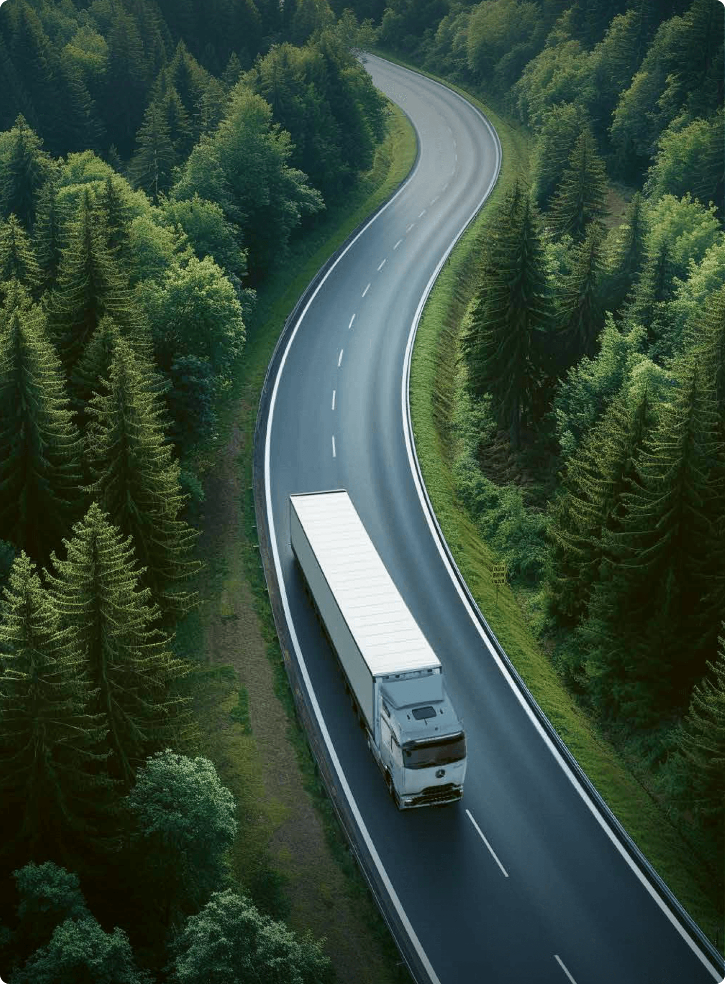 LKW fährt auf Straße in Wald